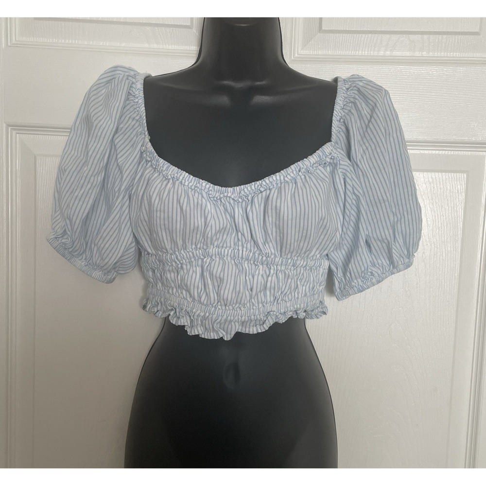 And Now This Shirt Womens M Blue White Striped‎ Cropped Puff Sleeve Milkmaid Top